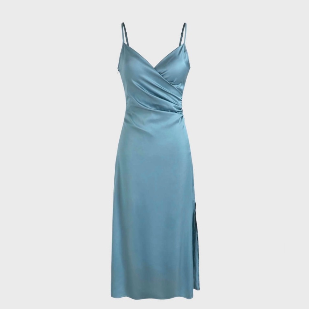Solid Satin Slit Midi Dress